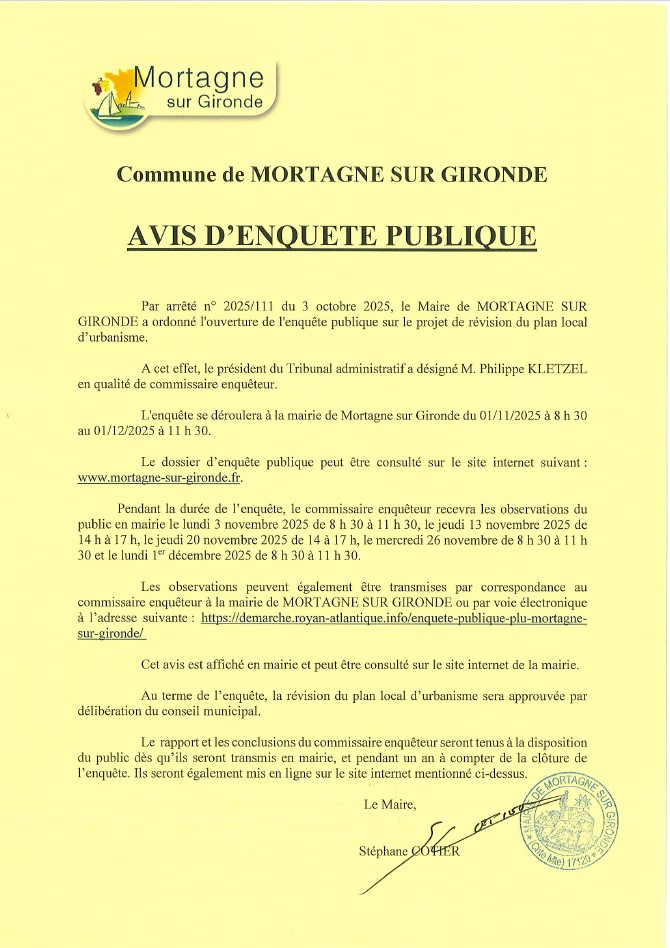 Avis d'enquête publique du 08 octobre 2025 pour la modification du Plan Local d'Urbanisme (PLU)